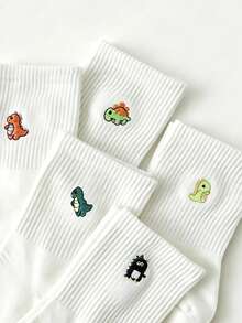 5 Pairs Embroidered Dinosaur Pattern Cute & Fun Women's Socks, Unisex, Suitable For All Seasons, Comfortable & Breathable, Perfect For Daily Wear - Multicolor - View 2