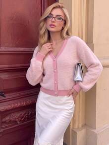 Nicenter كارديجان صوف نسائي مزيج صوف ناعم وردي اللون بياقة V وأزرار لؤلؤية وأكمام طويلة، كاجوال بسيط للخريف والشتاء، مناسب للمكتب والاستخدام اليومي والمنزل والمواعيد - وردي - مشاهدة 8
