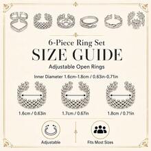 6pcs/Set Women's Silver Adjustable Open Rings, Daisy Flower, Snake, Heart, Twisted Chain, V-Shape Beaded Edge And Round Bead Braided Stackable Ring Set, French Vintage Versatile Hand Jewelry, Suitable For Daily Wear, Party And Gift - 6-piece Ring Set - View 2