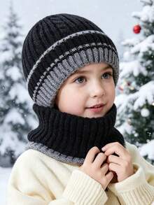 Children's Knitted Hat, Autumn/Winter, Boys/Girls/Baby, Winter Knit Hat, Versatile Scarf, Warm Beanie - Two-tone Ear Protection Set - View 1