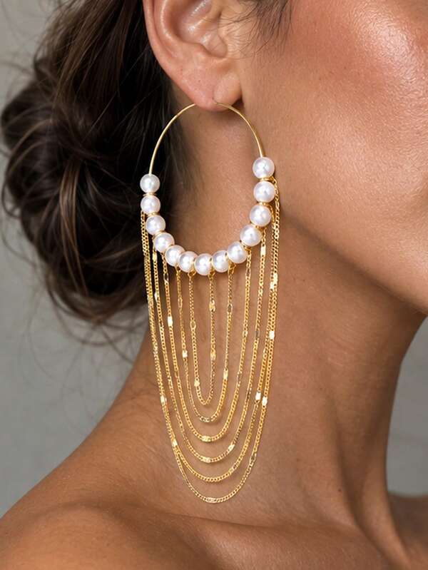 outingfit 1 Pasang Anting Hoop Mutiara Baru dengan Desain Rumbai yang Menonjol, Aksesori Modis untuk Wanita