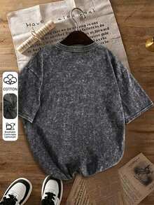90s Retro Print Plus Size Women's T-Shirt - Casual Short Sleeve Crew Neck Washed Top Summer - Black and Gray - View 2
