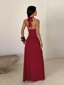 Solid Color Elegant Sexy Knit Fabric Ruffle High Slit To Thigh Dress, Suitable For Wedding, Homecoming Party, Beach Vacation, Summer - Burgundy - View 5
