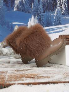 1 Pair Autumn/Winter New Brown Fluffy Long Fur Decor Soft Comfortable Warm Round Toe Back Zipper Girls' Ankle Boots, Snow Boots - Brown - View 4