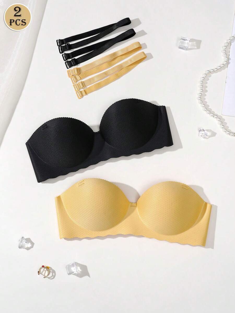 2pcs Solid Color Seamless Strapless Bra, Underwire Padded Convertible Strapless Lingerie - Multicolor - View 1