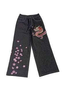 1pc American Street Style Women's Embroidered Loose Wide Leg Jeans Fashion All Season Long Pants Casual Black Fall - Black - View 9