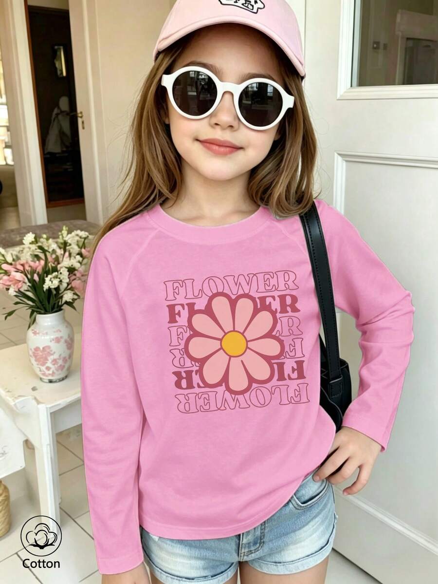 Girls' Cotton Raglan Long-Sleeve T-Shirt, Long Sleeves For Autumn & Winter, Pink Flower Print With Repeat 'FLOWER' Text, Cute Sweet Girly Preppy Style - Light Wine Red - View 1