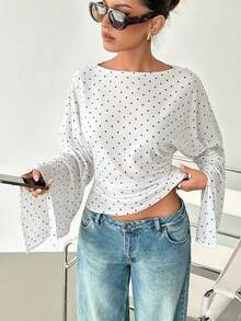 Polka Dot Print Pleated Women's T-Shirt, Casual Versatile Style For Daily Wear And Travel - White - View 3