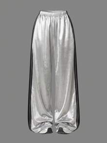Lurzo Girls Casual Metallic Luster Loose Straight Leg Pants, Double Stripe Side Design, Smooth And Soft, Suitable For Daily, Outdoor, Performance Wear - Silver - View 3