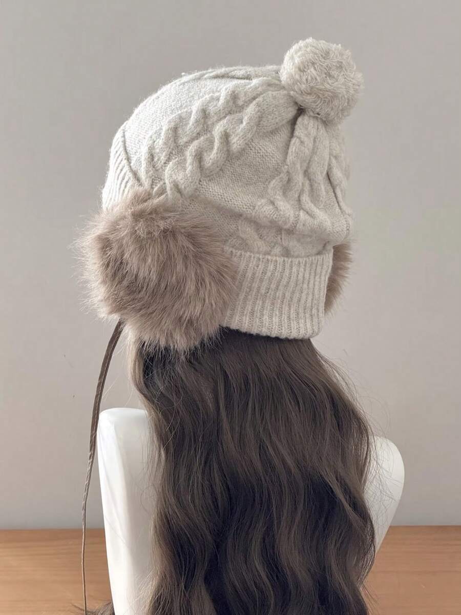 Versatile Warm Knitted Hat For Women, Winter Thermal Lined Pom Pom Earflap Hat, Face-Slimming Oversized Beanie - A - View 1