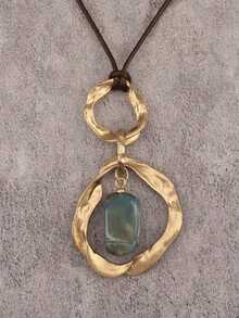 1pc Bohemian Vacation Style Double-Loop Twisted Geometric Pendant Necklace, Textured Resin Faux Stone Neck Chain, Casual Holiday Travel Accessory For Women, Halloween Christmas Festival Gift For Girlfriend/Boyfriend - Wax Rope - View 12