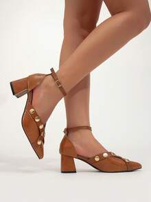Women's New Fashion Sexy Cross Strap Crocodile Embossed Gold Studded Side Cutout Pointed Toe Chunky Heel High Heels - Brown - View 4