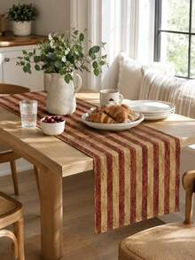 1PC Vintage Red Stripe Linen Table Runner, Beige Burgundy Rustic Farmhouse Table Runner, Classic Woven Look Dining Table Centerpiece Decor For Kitchen, Dining Room, Thanksgiving, Christmas, Holiday Party And Everyday Home Decoration - Distressed Stripes - View 8