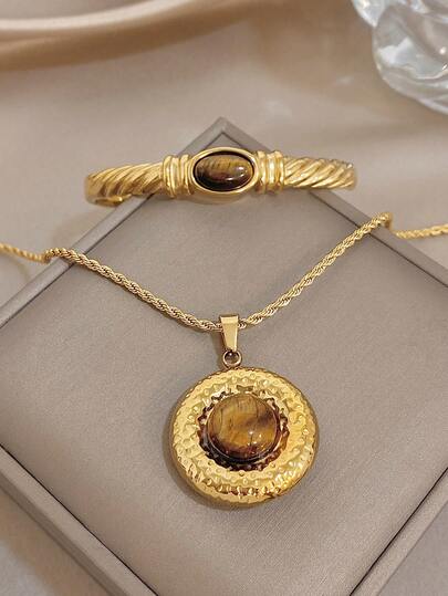 18k Gold Plated Stainless Steel, Vintage Twisted Tiger Eye Stone Gold Bracelet & Necklace Set, Women's Bracelet, Women's Necklace, Necklace & Pendant, Stainless Steel Bracelet, Stainless Steel Jewelry, Gold Plated Jewelry, Suitable For Daily, Date, Party, Beach Jewelry, Bohemian Jewelry, Women's Beach Accessories, Birthday Gift, Girlfriend Gift, Mother Gift