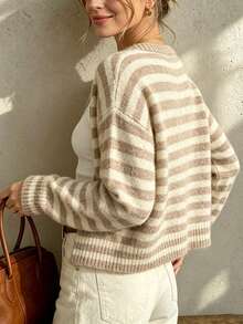 Women's Round Neck Contrast Color Striped Button Soft Casual Fashion Versatile Knit Long Sleeve Cardigan Sweater, Daily Vintage Street Style - Multicolor - View 8