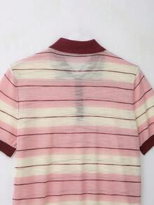 YROOE Women's Pink White Brown Color Block Striped Collared Half-Button Short Sleeve Knit Top, Autumn/Winter - Multicolor - View 9