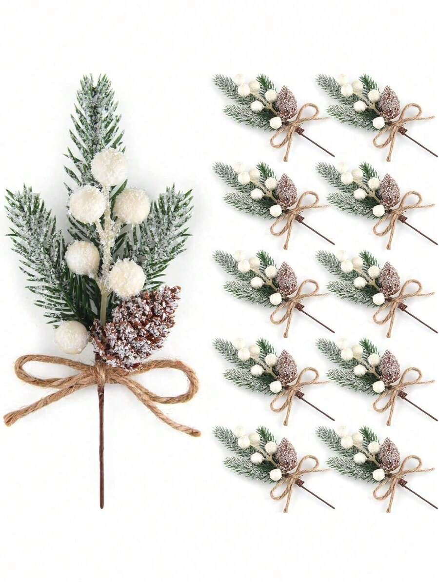 5/10pcs Artificial Berry Stem Floral Pine Cone Christmas Evergreen Branch Holly Stem Floral Picks, Suitable For Christmas Wreath Winter Holiday DIY Wreath Decoration - White - View 1