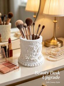 2pcs/1pc Vintage Relief Makeup Brush Storage Tube, Cosmetics Display Rack, White Ocean Carved Beauty Brush Tube, Multifunctional Desktop Dressing Table Storage, Bedroom Bathroom Desktop Home Decoration Storage Tube - Multicolor - View 5