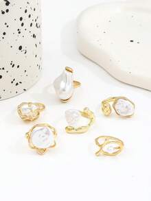 Bộ 6 nhẫn ngón tay ngọc trai giả phong cách Baroque cổ điển bất đối xứng, nhẫn ngọc trai kim loại vân xoắn màu vàng đeo chồng cho nữ - Vàng - Xem 6
