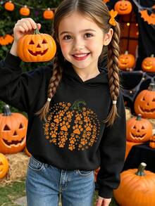 Young Girls Halloween Pumpkin Print Hooded Sweatshirt Autumn/Winter Top - Black - View 1