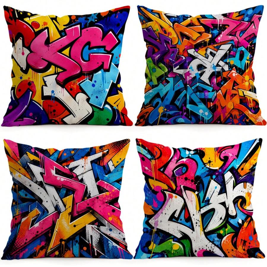 4pcs/1pc Colorful Street Graffiti Pattern Pillow Case Without Insert, Single-Sided Printed Pillow Case, Suitable For Living Room Bedroom Home Decor, All-Season Pillow Case - Multicolor - View 1