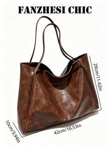 Solid Color Oil Wax Tie-Dye Shoulder Tote Bag, Lazy Soft Slouchy Large Body, Can Store Laptop, Books, Daily Necessities, Makeup, Miscellaneous Items, Essential For Travel, Magnetic Closure, Suitable For Commuting, Work, School, Shopping, Outings, Daily Use - Coffee - View 2