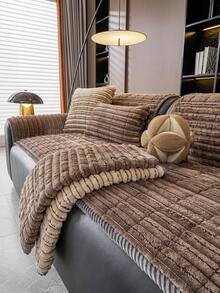 1pc Thickened Plush Striped Sofa Cushion, Machine Washable & Hand Washable, Scratch-Resistant, Pet-Friendly, Soft & Delicate Texture, Furniture Protector Cover For Living Room & Bedroom, Suitable For 1-Seater, 2-Seater, 3-Seater, 4-Seater Sofas - Brown - View 1