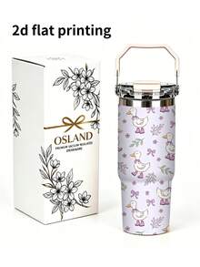 1pc/5pcs 30oz Cute Purple Duck Stainless Steel Insulated Tumbler With Handle And Straw, Cartoon Duck, Bow And Lavender Floral Print Design, Perfect Birthday And Holiday Gift, Leak-Proof Flip Lid, Suitable For Travel, Work, Fitness And Daily Outdoor Use - Purple-duckling - View 2