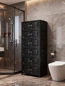 1-Layer Multi-Layer Plastic Double Door Storage Cabinet, Foldable Clothes Storage Box, Storage Rack, Portable Home Wardrobe, Living Room Toy & Snack Storage Box, Floor Standing Storage Rack, Shoe Storage Cabinet - Black - View 5