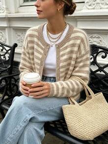 Women's Round Neck Contrast Color Striped Button Soft Casual Fashion Versatile Knit Long Sleeve Cardigan Sweater, Daily Vintage Street Style - Multicolor - View 2