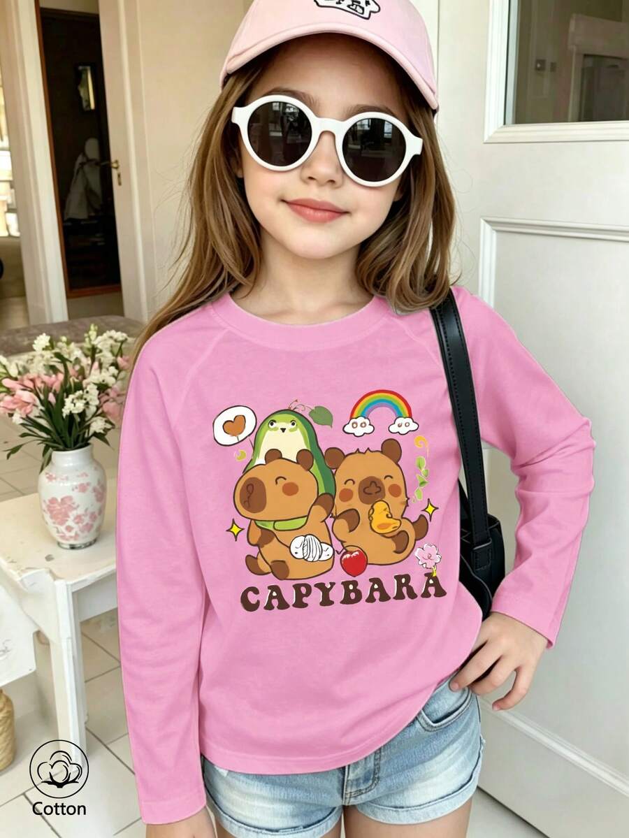 Girls Cotton Twill Long-Sleeved T-Shirt, Autumn/Winter Style, Featuring A Cute Capybara Design, In A Sweet And Charming Preppy Style - Light Wine Red - View 1