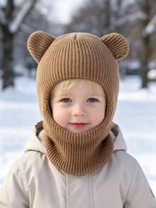 1PC Unisex Kids Toddler Bear Ear Cartoon Warm Knitted Beanie Hat With Neck Warmer - Bear - View 8