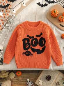Boys Cute Solid Color Ghost Embroidery Knit Pullover Sweater, Suitable For Halloween, Daily Wear, Vacation, Spring, Autumn, Winter - Orange - View 3