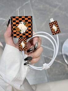 1 Set Halloween Checkerboard Ghost Pattern Charging Protective Case - Compatible With IPhone 16 Pro/17 Pro 20W Charging Head And Charging Cable (Charger Not Included) - Multicolor - View 1