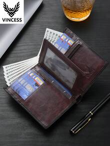 VINCESS Men's Wallet, Cowhide Leather, RFID Blocking, Men's Vintage Fashion, Large Capacity Multi-Card Slot, Zipper Coin Pocket, Travel Essential - Coffee Brown - View 6