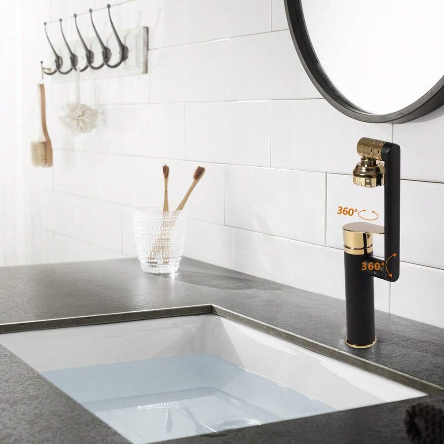 RIBASUBB Bathroom Faucet 360° Swivel Dual Function Sprayer Brass Black Gold Modern Lever Ceramic Valve - Black and Gold - View 1