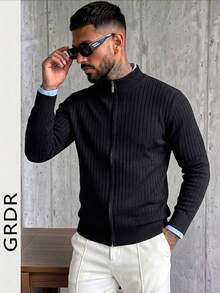 GRDR Men's Striped Zip-Up Slim Fit Regular Shoulder Cardigan Long Sleeve Sweater - Black - View 6