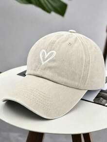 1pc Unisex Embroidered Heart Pattern Baseball Cap, Solid Color Lightweight Soft Brim Baseball Cap, Fashion Accessory - Multicolor - View 1