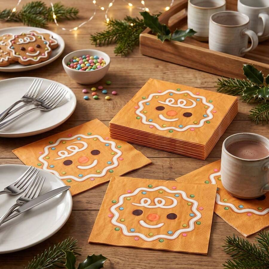 20/60/80 Pcs,Gingerbread Christmas Disposable Dinner Napkins,2-Ply Cookie With Colorful Candy Dots Print Paper Serviettes,Festive Winter Table Decor,For Christmas Potluck,Baking Party,BabyShower,Birthday Celebration,6.5*6.5 Inch - Multicolor - View 1