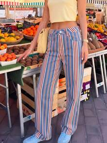Multi-Color Vertical Striped Straight Leg Jeans, Street Casual Women's Versatile Fashion - Multicolor - View 2