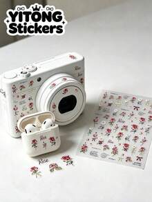 1/2pcs Vintage Red Rose Floral Print Decorative Stickers, Mini Flower Bow Handwritten English Letter Pattern Waterproof Self-Adhesive Decals, Universal For Camera Earphone Case And Portable Digital Items, Small Object Aesthetic Decoration Stickers - Vintage Rose Stickers - View 1