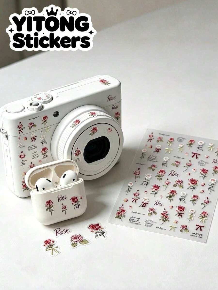 1/2pcs Vintage Red Rose Floral Print Decorative Stickers, Mini Flower Bow Handwritten English Letter Pattern Waterproof Self-Adhesive Decals, Universal For Camera Earphone Case And Portable Digital Items, Small Object Aesthetic Decoration Stickers - Vintage Rose Stickers - View 1