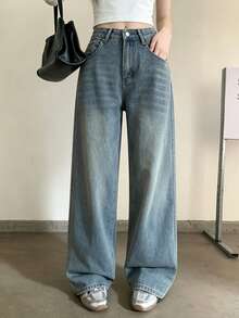 Women's Retro Blue Wide Leg Denim Jeans, New Low Waist Slimming Tall-Looking Versatile Straight Leg Loose Fit Pants - Retro Blue - View 4