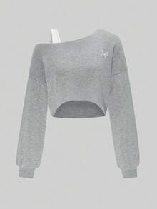 Sudadera corta casual de primavera para mujer con estampado de mariposa bordado, de un solo color y manga larga con hombros oblicuos - Gris Claro - Ver 1