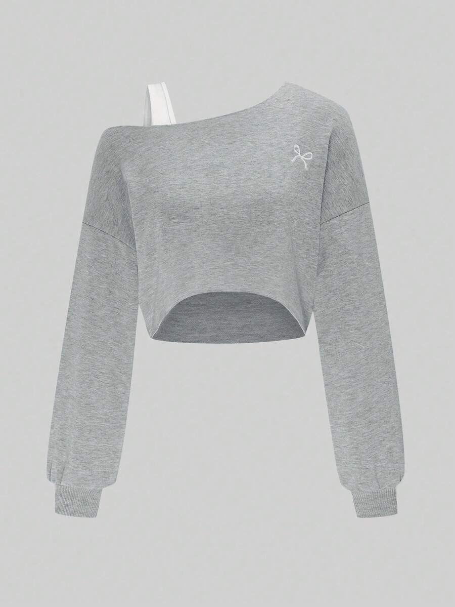 Sudadera corta casual de primavera para mujer con estampado de mariposa bordado, de un solo color y manga larga con hombros oblicuos - Gris Claro - Ver 1