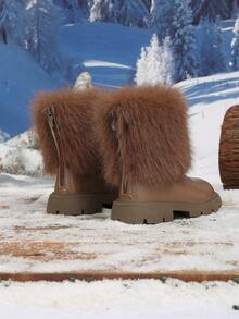 1 Pair Autumn/Winter New Brown Fluffy Long Fur Decor Soft Comfortable Warm Round Toe Back Zipper Girls' Ankle Boots, Snow Boots - Brown - View 5