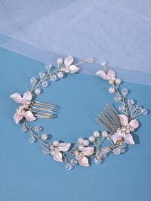 1pc Light Pink Leaf Pearl Rhinestone Bridal Hair Comb Set, Gold Crystal Wedding Side Hair Comb, Bridal Bridesmaid Prom Party Hair Accessory - Multicolor - View 4