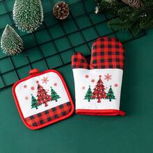 2pcs/1set Christmas Heat-Resistant Polyester Oven Mitts, Kitchen Oven Microwave Heat-Insulating Gloves, Waterproof Non-Slip, Suitable For Baking, Grilling, Cooking, Kitchen Essentials, Christmas Holiday Decoration And Party - View 6