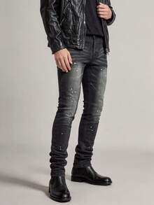 Men's White Splatter Slim Straight Fit Jeans, Vintage Black Gradient Cat Whisker Distressed Cross-Texture Stretch Denim - Black - View 2