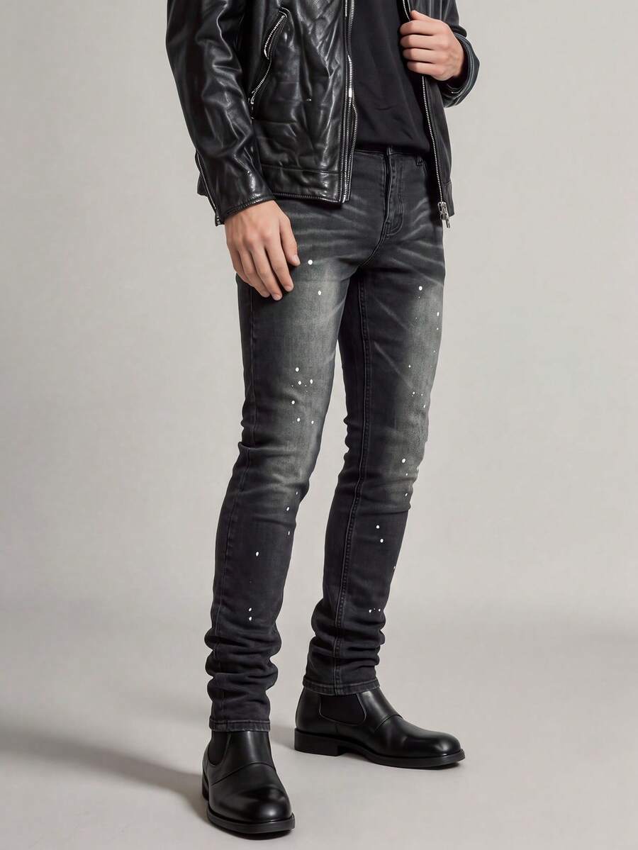Men's White Splatter Slim Straight Fit Jeans, Vintage Black Gradient Cat Whisker Distressed Cross-Texture Stretch Denim - Black - View 1